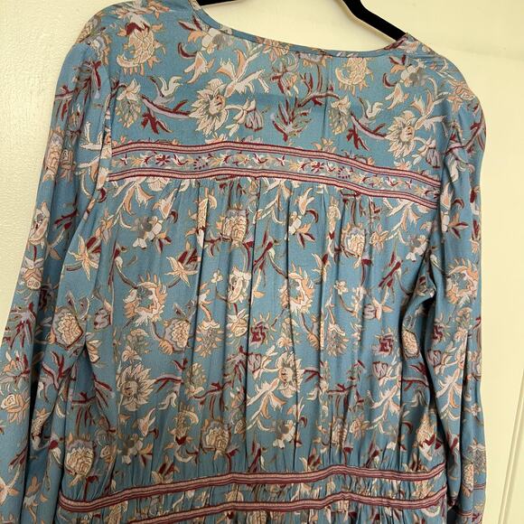 Veronica Beard Blue Floral Boho Peasant Tunic Dress Rayon Tie Waist Romantic - Picture 9 of 14